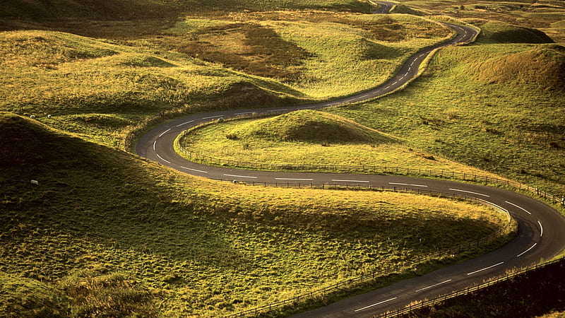Zig Zag, pic, long, country, wall, green, country road, nature, fields, road, HD wallpaper
