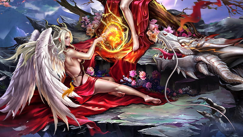 Angel VS Dragon, qiang lee, girl, angel, white, dragon, red, frumusete, wings, luminos, fantasy, magical, HD wallpaper