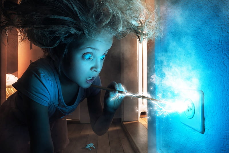 Just a knitting needle and a wall socket, john wilhelm, danger, electricity, creative, situation, fantasy, girl, child, blue, HD wallpaper