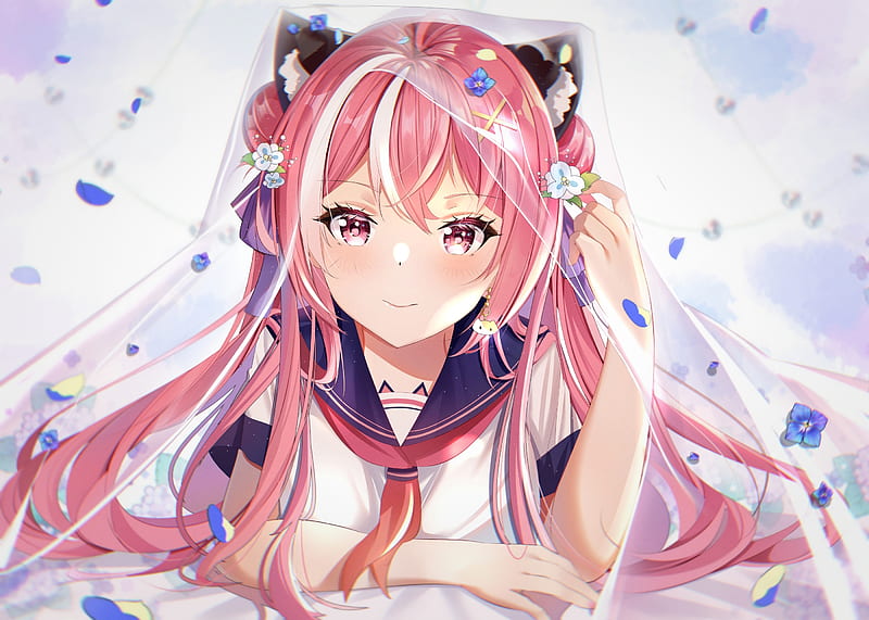 anime school girl, pink hair, smiling, pink eyes, lying down, Anime, HD wallpaper