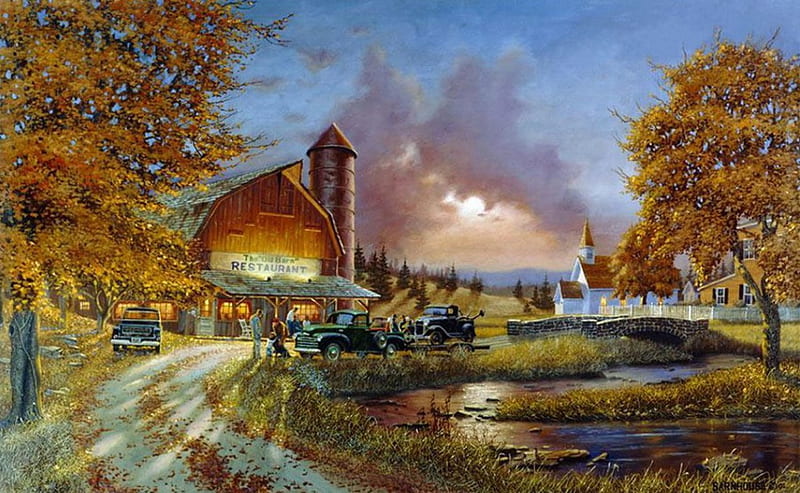 Dave Barnhouse. Dinner at the Barn, art, tree, painting, path, dave barnhouse, HD wallpaper