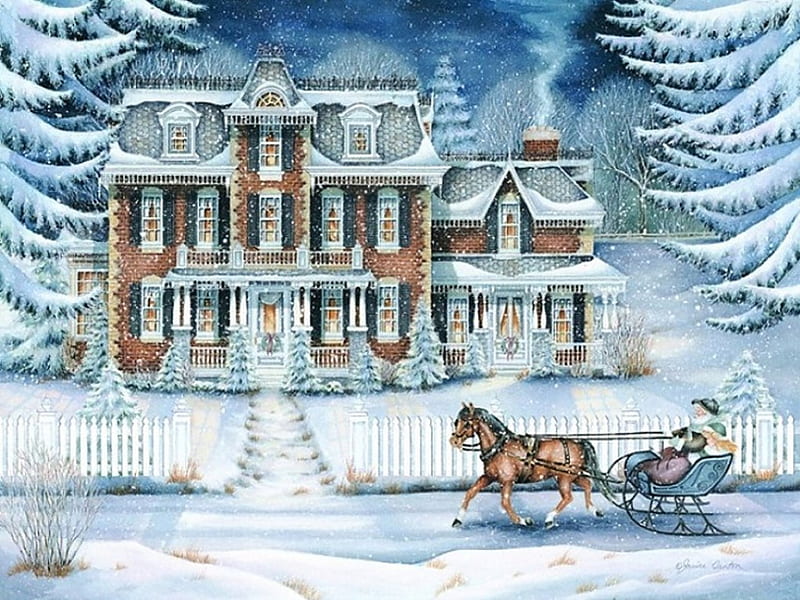 Beautiful winter day, pretty, amazing, house, lovely, christmas, december, bonito, magic, trees, horse, happy, winter, merry, splendor, snow, happy holidays, HD wallpaper