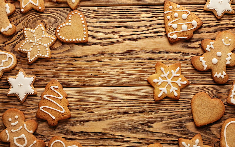 Christmas cookies frame, wooden backgrounds, Merry Christmas, new year decorations, candles, Happy New Year, xmas decorations, christmas decorations, xmas frames, New Years concerts, HD wallpaper
