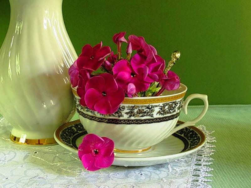 Cup with flowers, red, saucer, vase, abstract, cup, flowers, white, porcelain, HD wallpaper