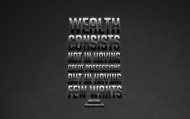 Wealth consists not in having great possessions but in having few wants, Epictetus, metallic art, gray stone background, popular quotes, HD wallpaper
