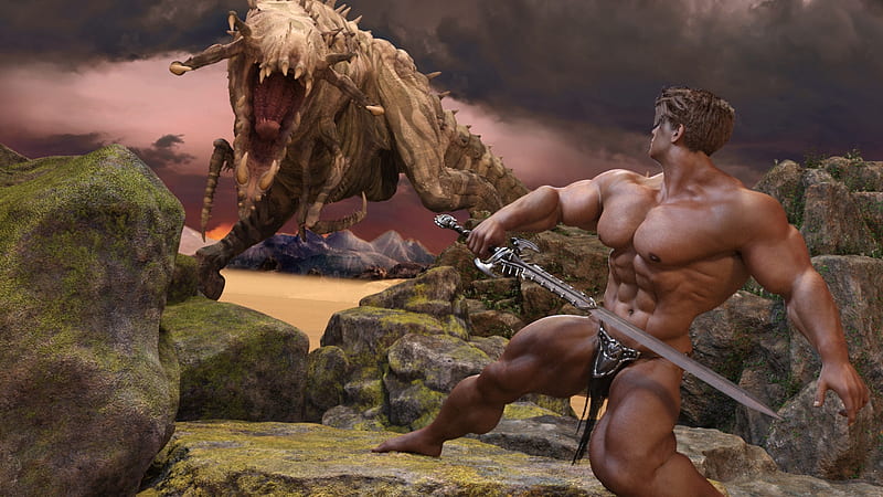 Barbarian-Hero meets dino-monster, dino, barbarian, danger, fight, hero, monster, hunk, HD wallpaper