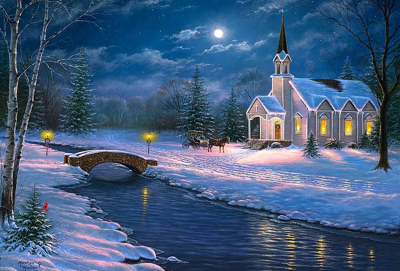 Peaceful Evening, artwork, lights, snow, church, moon, clouds, trees, winter, river, painting, bridge, HD wallpaper