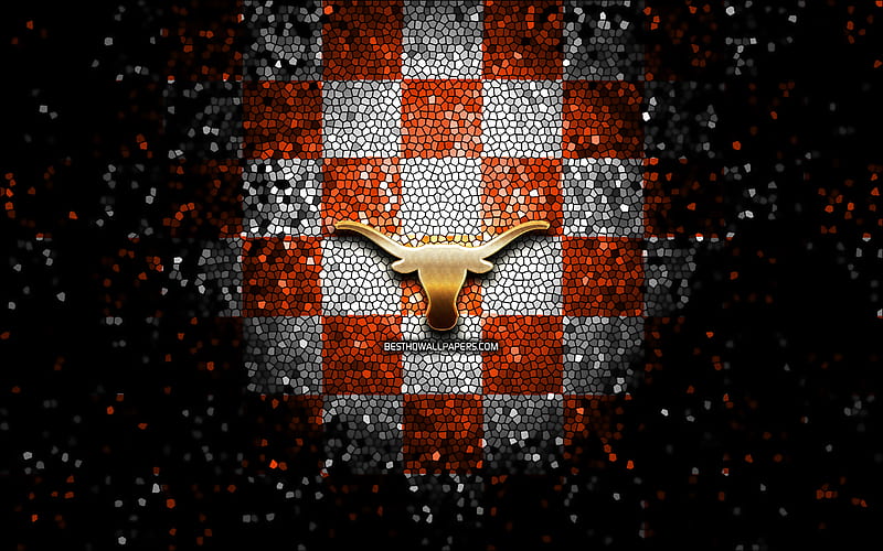 Texas Longhorns, glitter logo, NCAA, orange white checkered background, USA, american football team, Texas Longhorns logo, mosaic art, american football, America, HD wallpaper