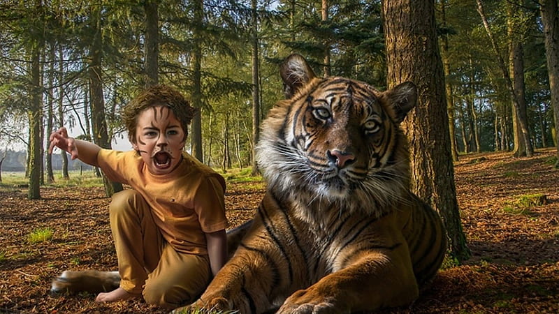 Boy and Tiger, boys, yellow, tigers, forests, white, upscaled, animals, HD wallpaper