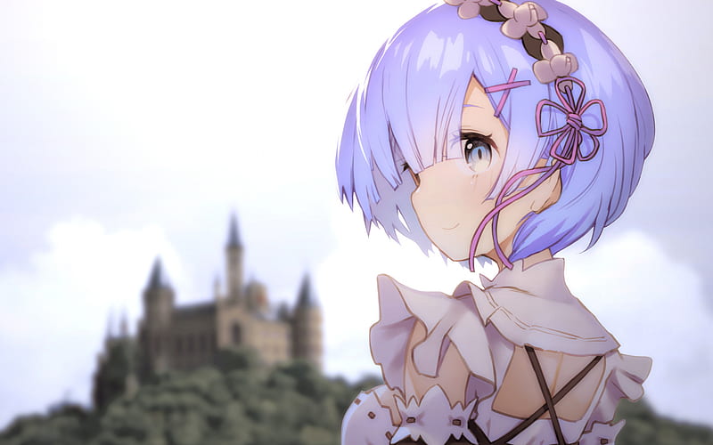 Rem, castle, close-up, Re Zero, manga, blue hair, HD wallpaper