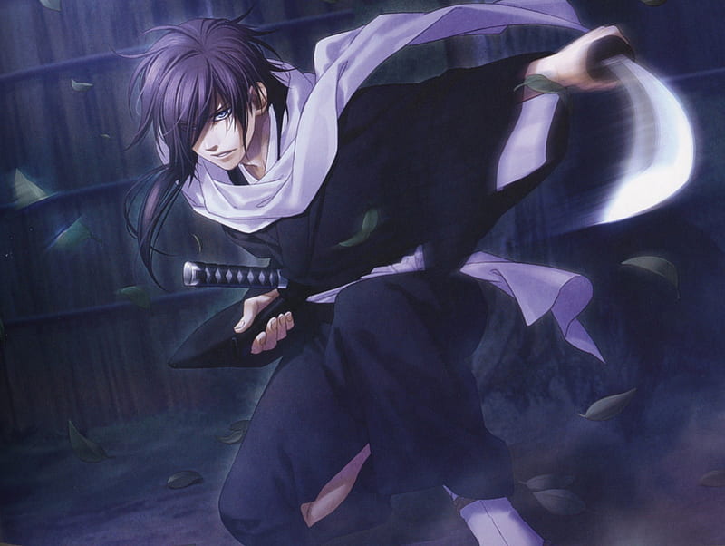 Saitou Hajime, male, purple hair, shinsengumi, leaves, warrior, samurai, blade, hakuouki shinsengumi kitan, anime, katana, scarf, weapon, blue eyes, sword, HD wallpaper