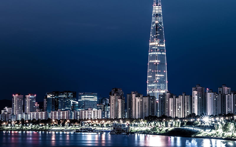 Seoul modern buildings, Lotte World Tower, Han river, nightscapes, South Korea, HD wallpaper