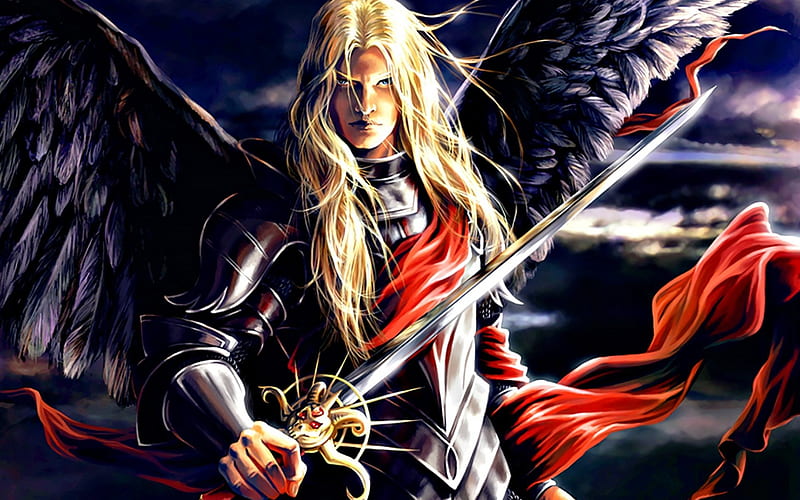 Lucifer, red, art, wings, blond, guy, angel, man, demon, fantasy, dark, mathia arkoniel, sword, HD wallpaper