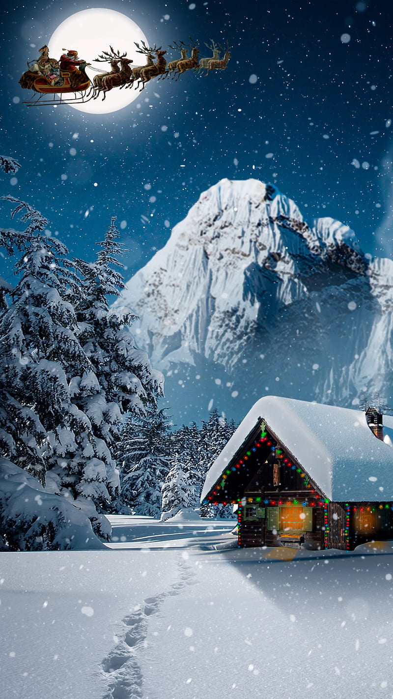 marry christmass, newyear19, santa, house, winter, holiday, night, natural, landscape, HD phone wallpaper