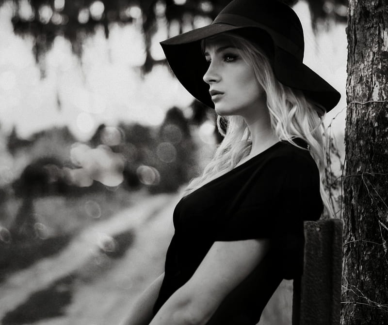 Somewhere without you, model, and white, black, lady, hat, HD wallpaper