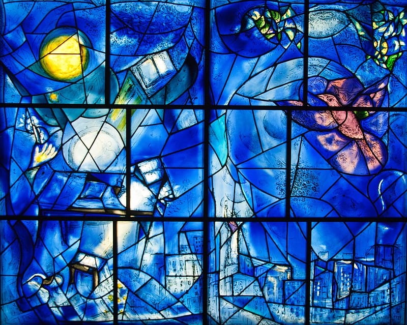 Vibrant Blue Stained Glass, glass, stained, blues, marc chagall, HD wallpaper