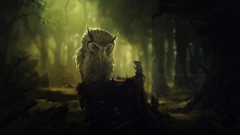 owl and mice, forest, artwork, Fantasy, HD wallpaper