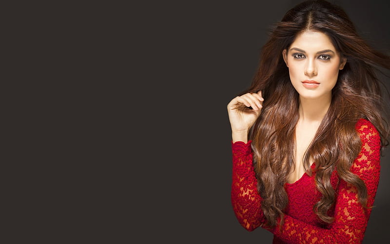 Asha Bhat, Indian model, Makeup, brown-haired, beautiful woman, red jacket, HD wallpaper