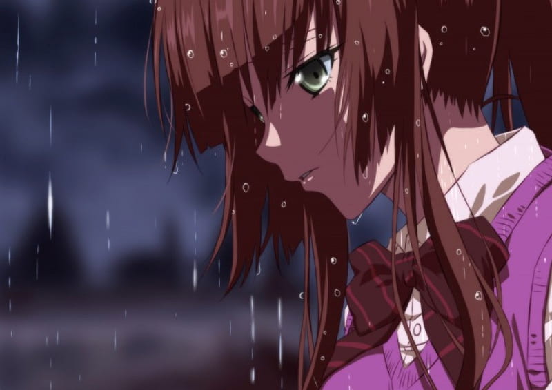 Rain of Sadness, Kirasaka, rain, Anime, Night Rain, Sayaka, Brown Hair, Sadness, Strike The Blood, Rainy Night, Sayaka Kirasaka, Anime Sadness, Anime Girl, HD wallpaper