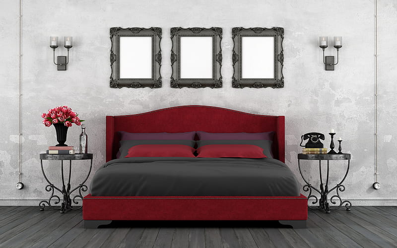 gothic style in the bedroom, bedroom project, red bed, forged Iron bedside tables, wrought iron bedside table, Gothic style, bedroom, HD wallpaper
