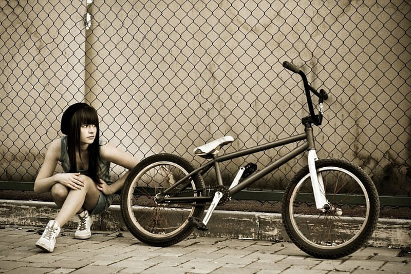 brunette, cute, bicycle hq, HD wallpaper