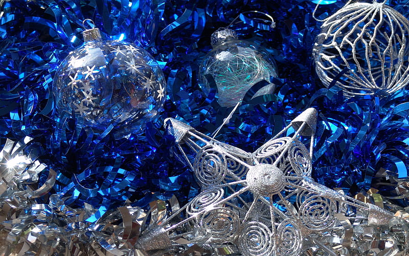 Blue Christmas background, silver Christmas balls, Happy New Year, silver star, art, HD wallpaper