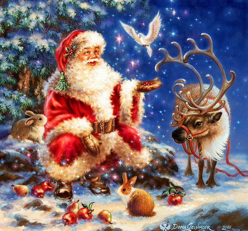 Santa with Reindeer, rabbit, christmas, apples, artwork, winter, tree, snow, painting, dove, HD wallpaper
