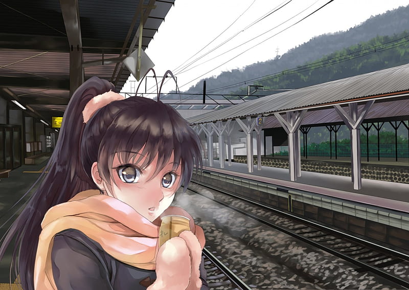 Next Train, pretty cg, bonito, sweet, cold, track, nice, railway, anime, beauty, anime girl, scenery, long hair, train station, female, lovely, brown hair, winter, girl, ze, scarf, station, lady, scene, maiden, HD wallpaper
