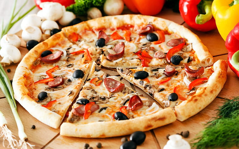 Pizza, fast food, pizza with sausage and olives, food concepts ...
