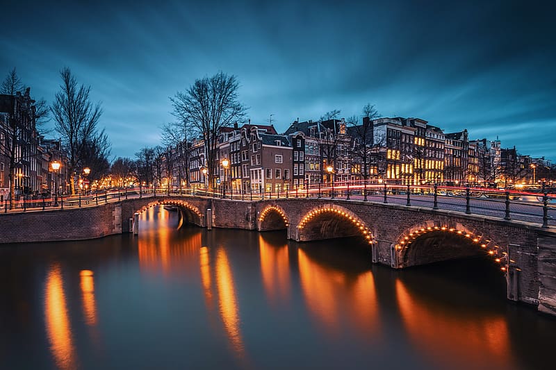 Cities, City, Building, Light, Evening, River, Amsterdam, , Emperor's Canal, Nederland, HD wallpaper