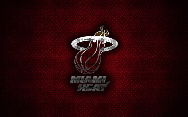 Miami Heat American Basketball Club, metal logo, creative art, NBA, emblem, red metal background, Miami, Florida, USA, basketball, National Basketball Association, Eastern Conference, HD wallpaper