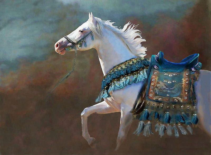 Royal Blue, art, white, horse, saddle, digital, HD wallpaper