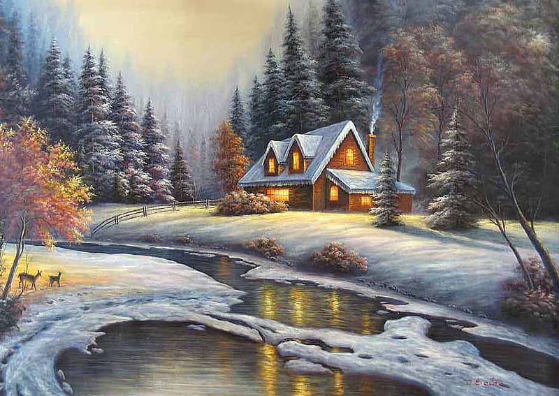 Winter Wonder, stream, cottage, creek, pines, deer, lights, winter, cold, snow, cosy, pioneers, HD wallpaper