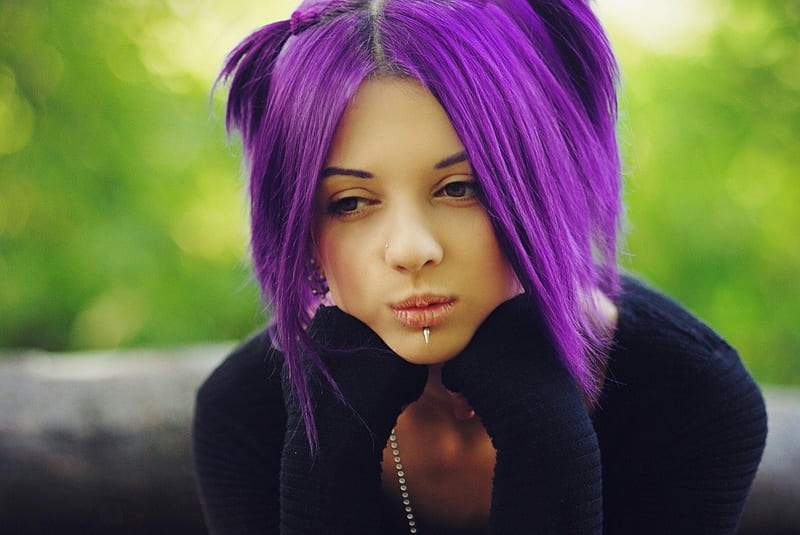 Purple Hair, hair, mystery, emo, purple, girl, beauty, HD wallpaper