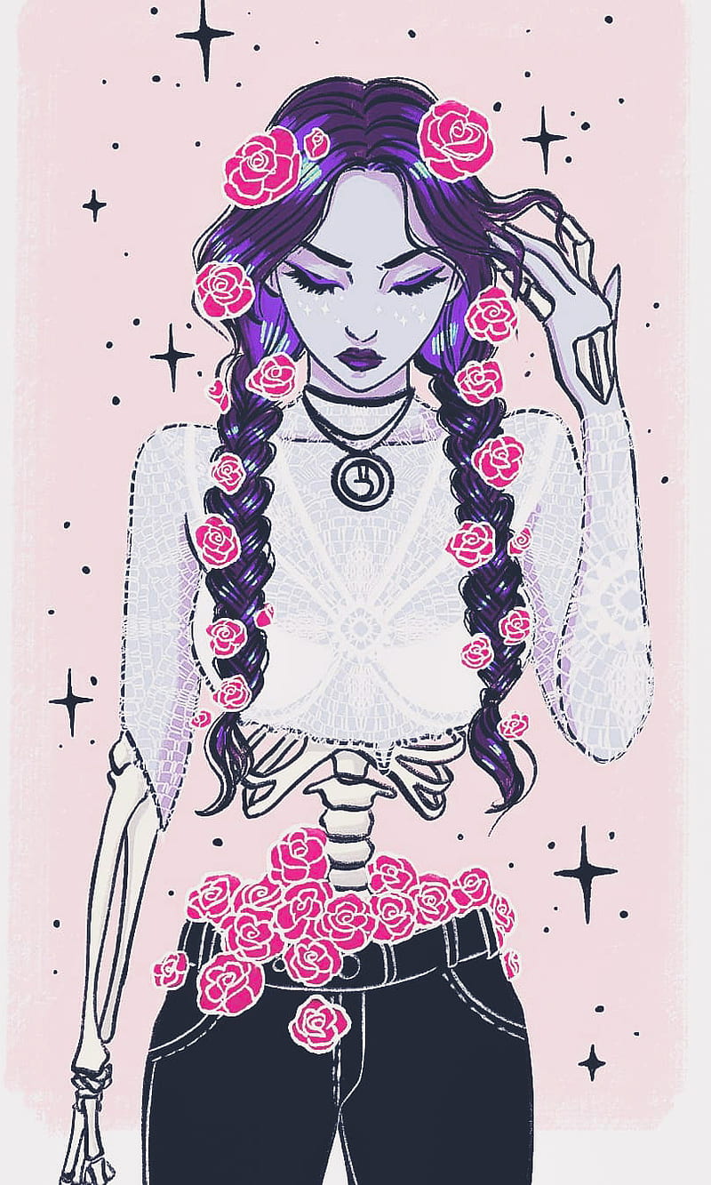 Skeleton Girl, flowers, stars, pink, drawing, art, HD phone wallpaper