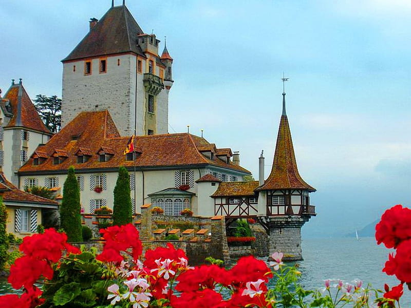 Castle with flowers, red, bonito, switzerland, sea, europe, boats, flowers, river, blue, view, sky, lake, water, oberhofen, summer, nature, castle, HD wallpaper