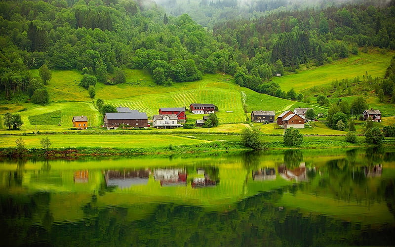 mountain village, green mountain slope, fog, green grass, mountain lake, Norway, HD wallpaper