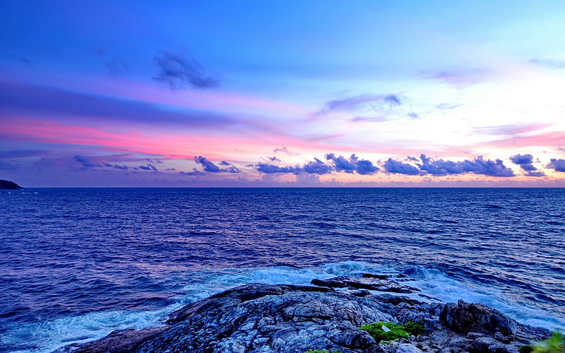 Sunset in Phuket, Thailand, rocks, shore, ocea, bonito, sunset, clouds, thailand, sea, splendor, cape, beauty, pink, phuket, blue, amazing, lovely, view, ocean, colors, waves, ocean waves, sky, peaceful, seascape, coastal, nature, HD wallpaper