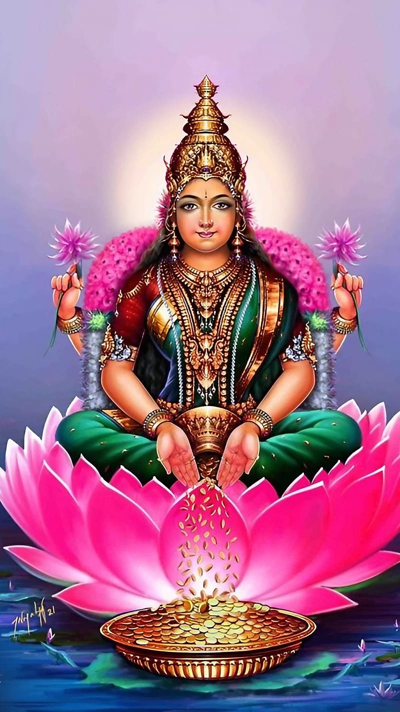 Mahalaxmi Sitting On Lotus, mahalaxmi , maa laxmi sitting on lotus, hindu goddes, bhakti, devotional, HD phone wallpaper
