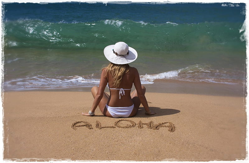 Aloha, beach, sand, woman, wave, HD wallpaper