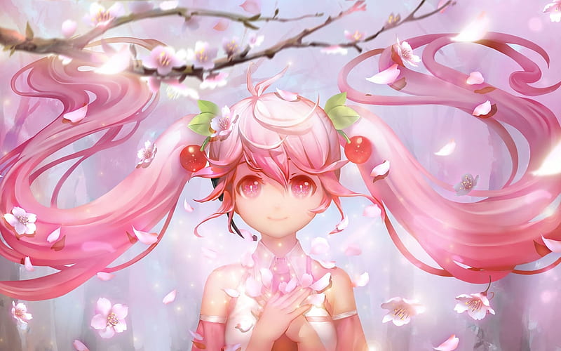 Sakura Miku, vocaloid, sakura, orry lee, luminos, hatsune miku, spring, cute, girl, flower, pink, cherry, HD wallpaper