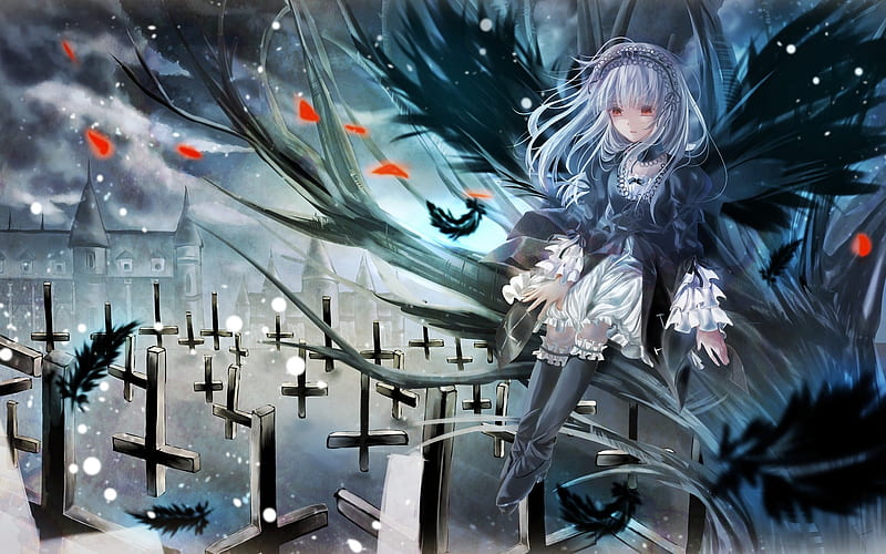 Rozen Maiden, Suigintou, Japanese manga, angel with black wings, cemetery, art, crosses, HD wallpaper