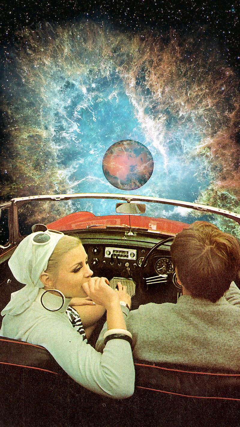Space Ride, Taudalpoi, adventure, analog, car, collage, couple, digital, nasa, nebula, red, retro, romance, stars, surreal, surrealism, universe, vintage, HD phone wallpaper