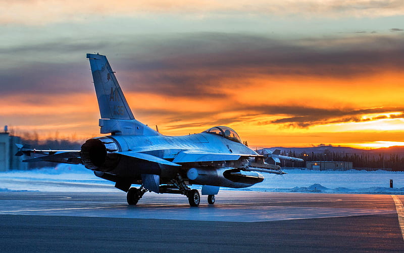 F-16 Fighting Falcon, military airfield, sunset, evening, American fighter, US Air Force, USA, General Dynamics, HD wallpaper