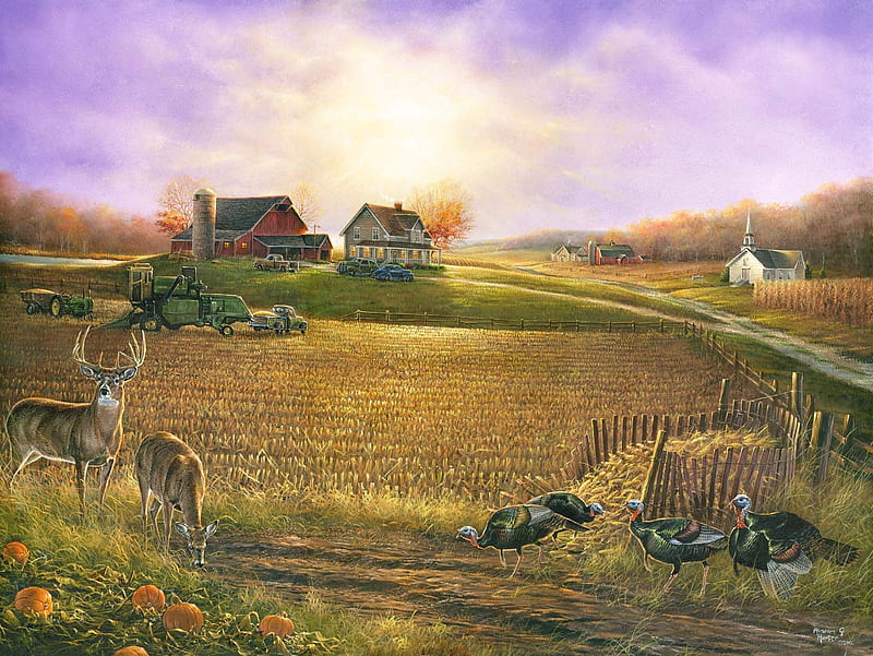 Harvest Time, house, sunset, sky, clouds, artwork, deer, barn, painting, fields, landscape, HD wallpaper