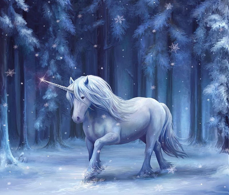 Winter Wonderland, snow, horse, unicorn, forest, art, digital, HD wallpaper