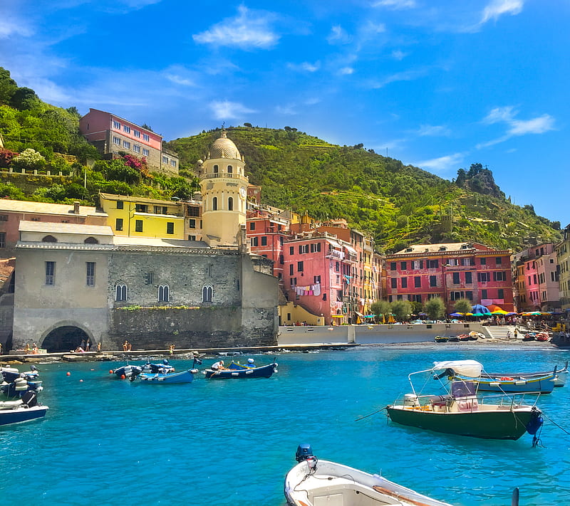 Cinque Terre Italy, beach, bonito, blue, bluesky, boat, boats, buildings, cinqueterre, clearwater, clocktower, colorful, europe, hike, hill, nature, ocean, old, oldbuildings, peaceful, sand, scenic, sea, sky, travel, trees, water, HD wallpaper