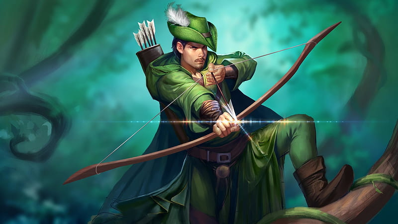 Robin Hood, fantasy, green, luminos, li fengyang, man, archer, hat, arrow, HD wallpaper