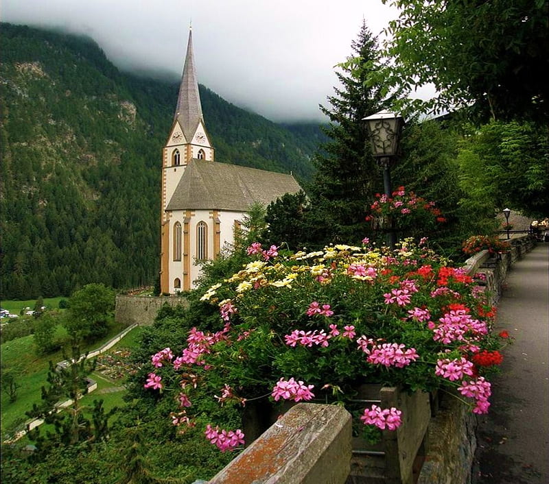 Little church in the valley, hills, steeple, walkway, flowers, country, church, small, valley, HD wallpaper