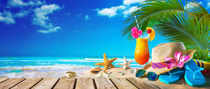 Cocktail on sandy beach, Starfish, Straw hat, Cocktail, Sunglass, beach, HD wallpaper